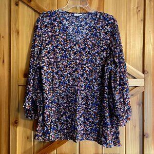 J. Jill V-Neck Multicolor Floral Feminine Flowy 3/4 Sleeve Top Petite Large